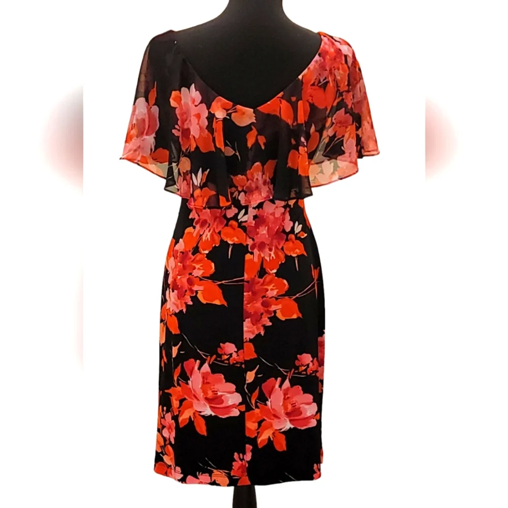 Connected Apparel Floral  Sheer Overlay Ruched A-line Midi Dress